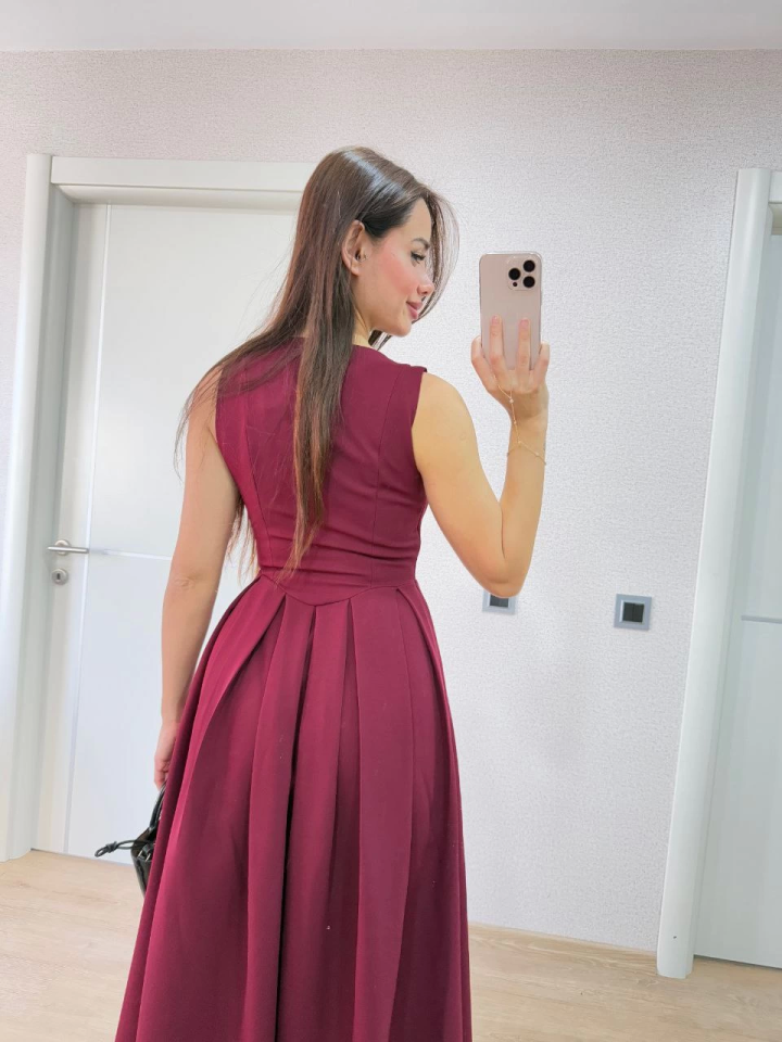 V Yaka Uzun Kolsuz Elbise- Bordo