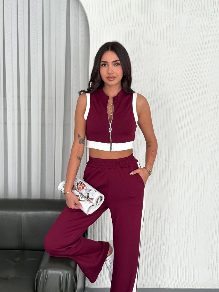 Osy Modal Yumuşak Dokulu Kumaş Tam Fermuarlı Crop Pantalon İkili Takım - Bordo