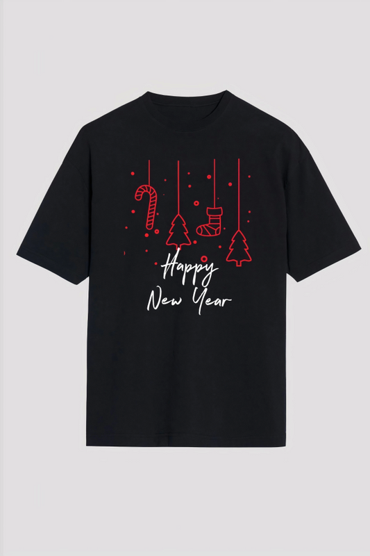 Happy New Year Baskılı T-shirt - Siyah