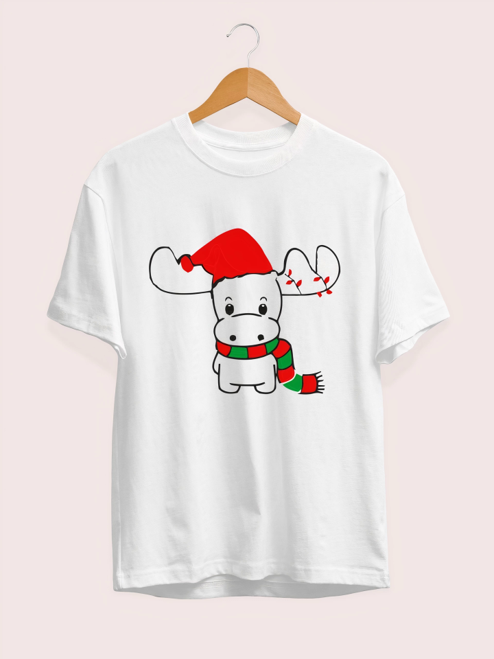 Ren Geyiği Baskılı Noel İçin T-shirt - Beyaz