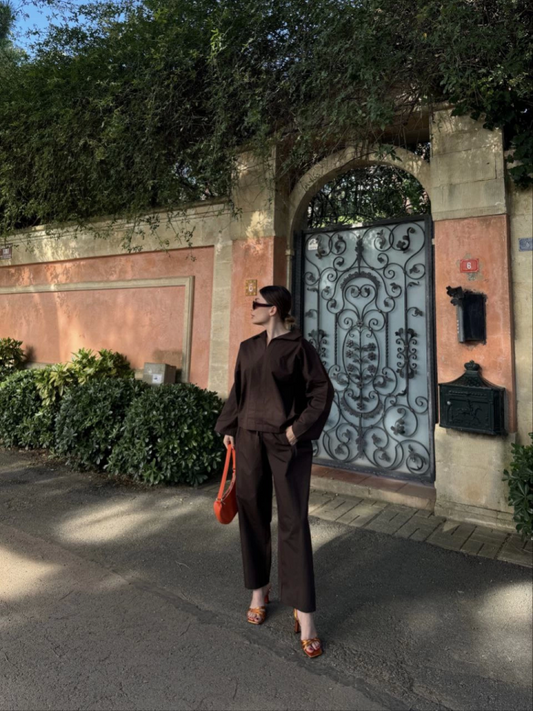 Uzun Kollu Yakalı Gömlek Pantalon Takım- Kahverengi