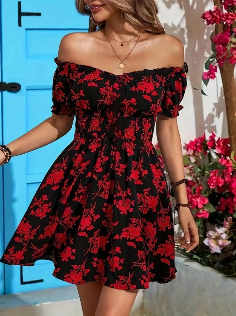 Kadın Kısa Kollu Madonna Yaka Beli Lastikli çiçek Desenli Kısa Süprem Elbise