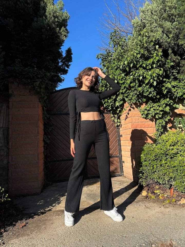 Kadın Yandan Bağlamalı Geniş Paçalı Fitil Kaşkorse İkili Takım