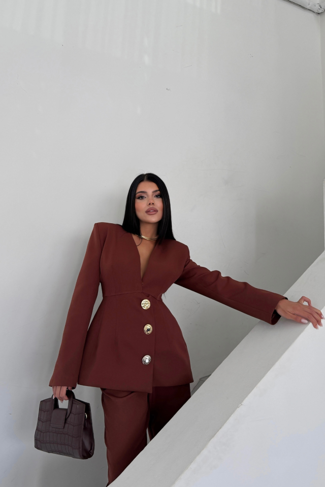 TASARIM CEKET-PANTOLON TAKIM METAL DÜĞME DETAYLI - Kahverengi