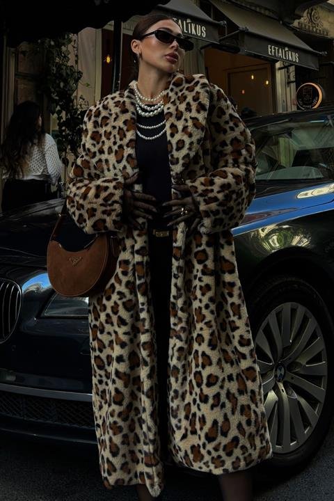 Leopar Desenli İçi Astarlı Peluş Kaban 7065