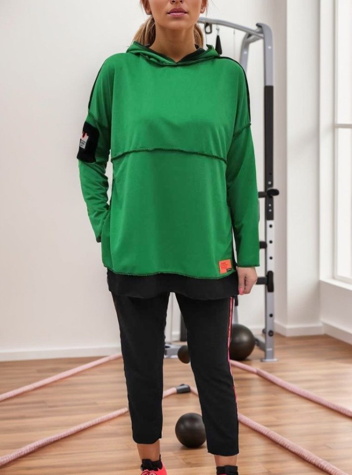 Kadın Yeşil Kapşonlu Etek Ucu Detay Arma Ters Dikiş Gorunumlu Ikili Takım