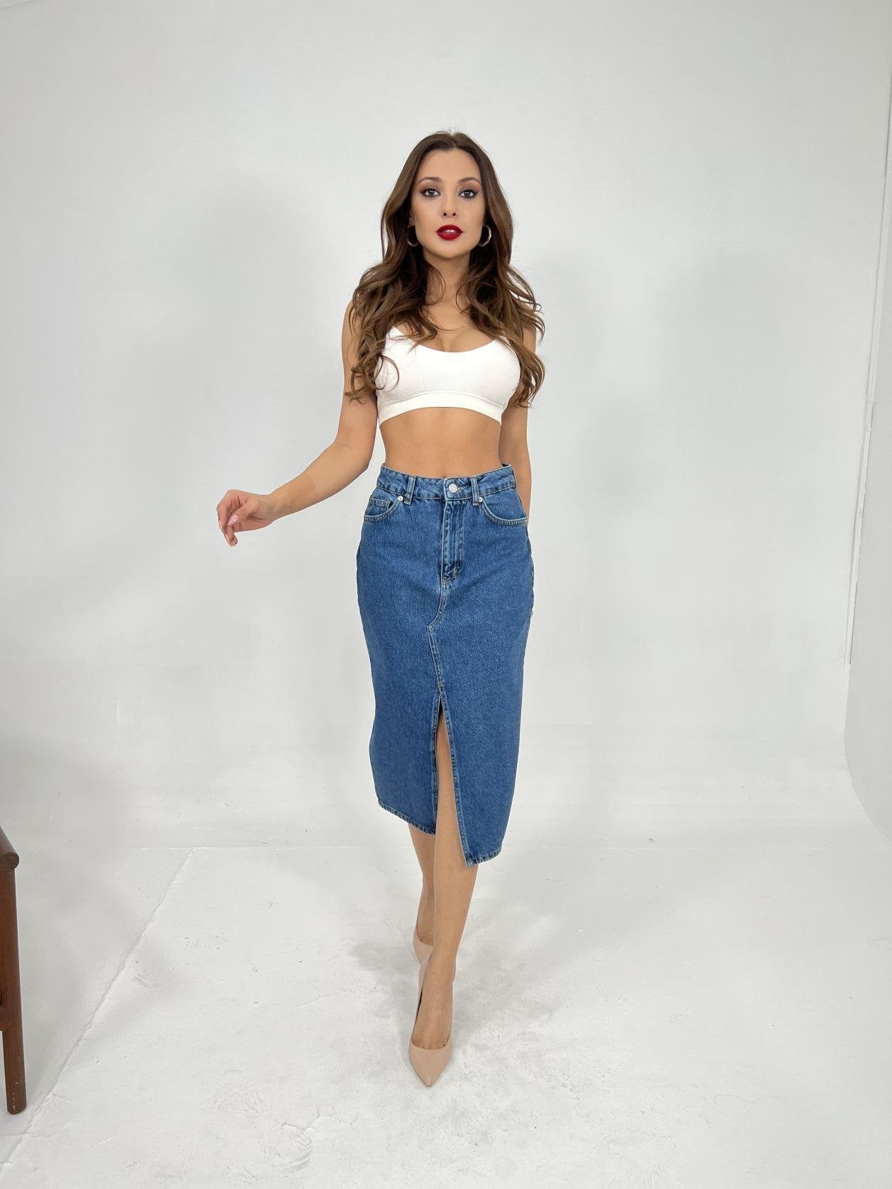 6478 DENİM MIDI SLIT SKIRT-MAVİ