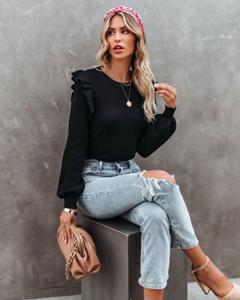 Kadın Uzun Kollu Bisiklet Yaka Omuzları Fırfırlı Triko Bluz