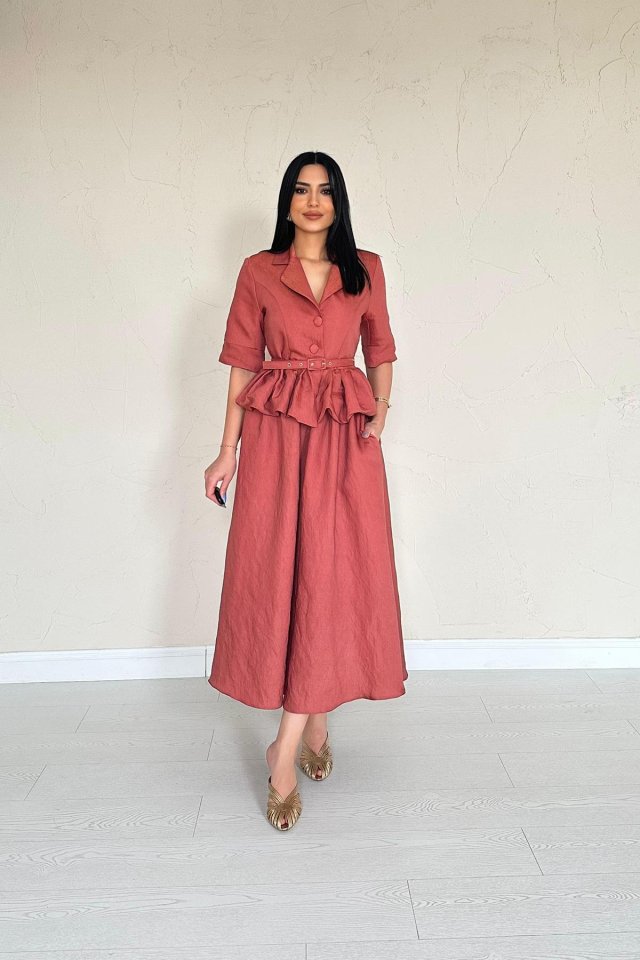 Moccah İnce Kemerli Fırfırlı Ceket Ve Büzgülü Etek Takım