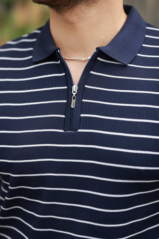 Erkek Fermuar Yakalı çizgili Kısa Kollu T-shirt