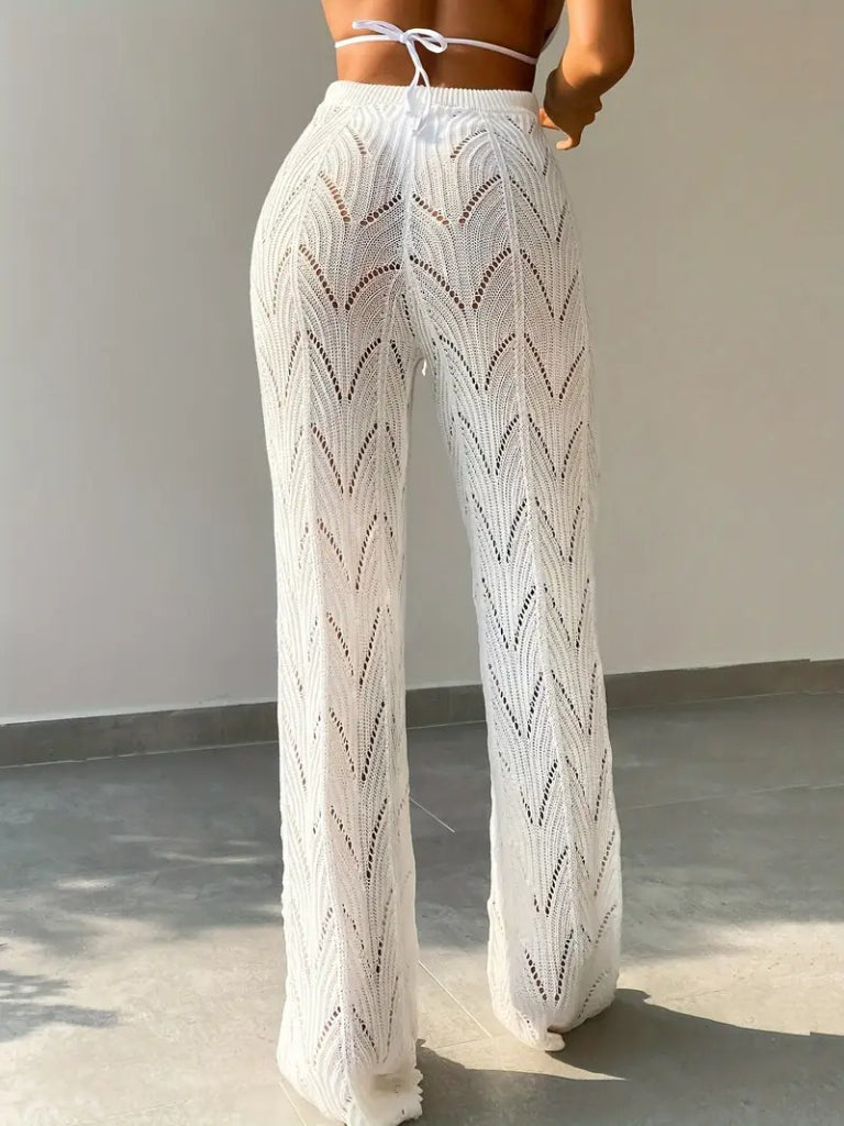 Kadın Yüksek Bel Bağcıklı Desenli Triko Plaj Pantolon