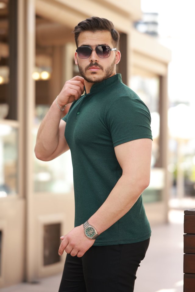 Erkek Hakim Yaka Dokuma Pamuklu Kumaş Kısa Kollu T-shirt