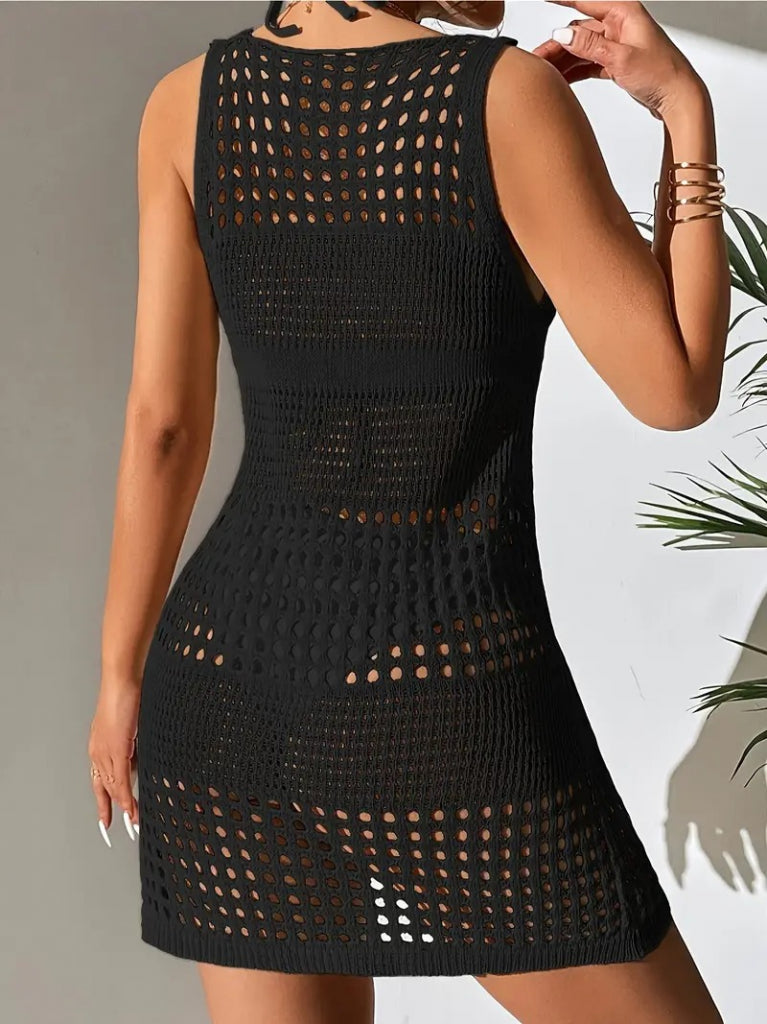 Kadın Kolsuz Delikli örgü Detay Mini Triko Pareo Elbise