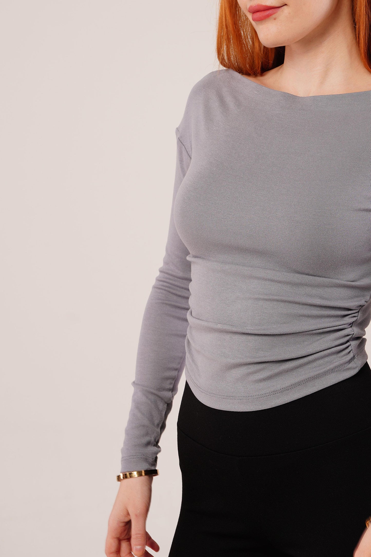Yaka Detay Uzun Kollu Basic Gri Bluz