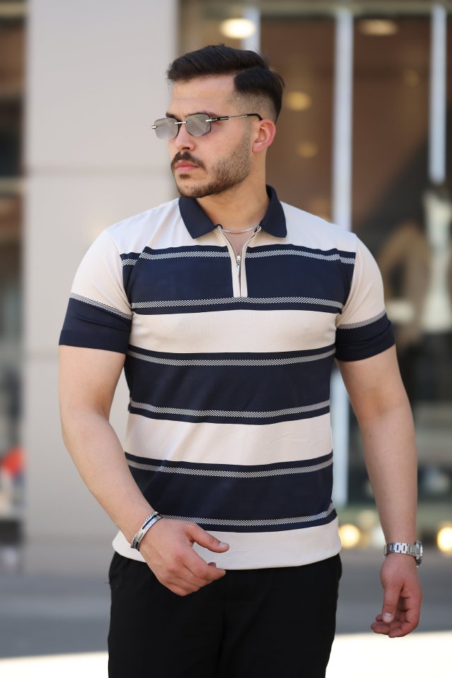 Erkek Yakalı Fermuarlı çift Renk Kısa Kollu T-shirt