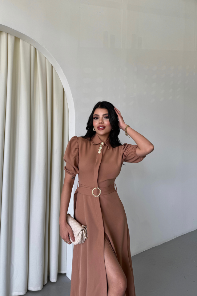YAKA DÜĞME DETAYLI ELBİSE - Kahverengi