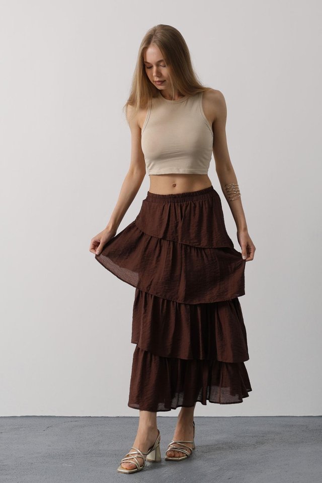 Katlı Kesim Uzun Etek - Kahve