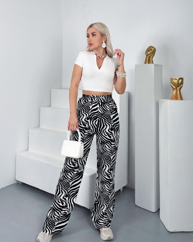 Kadın Desenli Dokuma Viskon Kumaş Cepli Bol Paça Pantolon