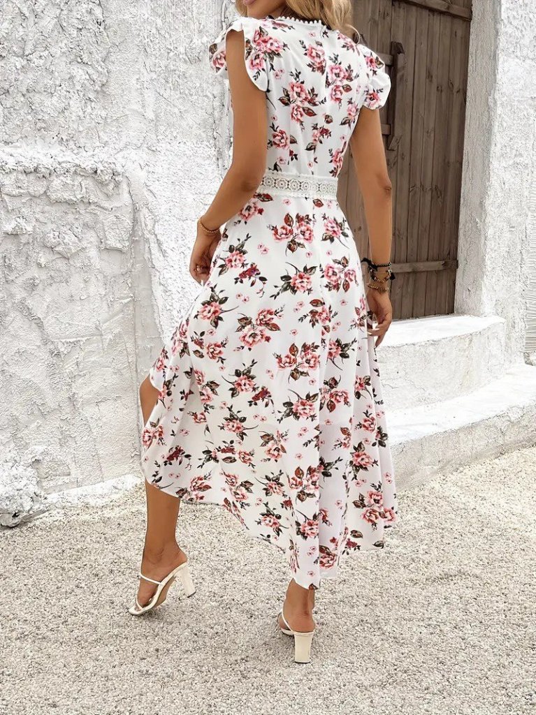 Kadın Kısa Kollu V Yakalı çiçek Desenli önü Kısa Arkası Uzun Süprem Elbise