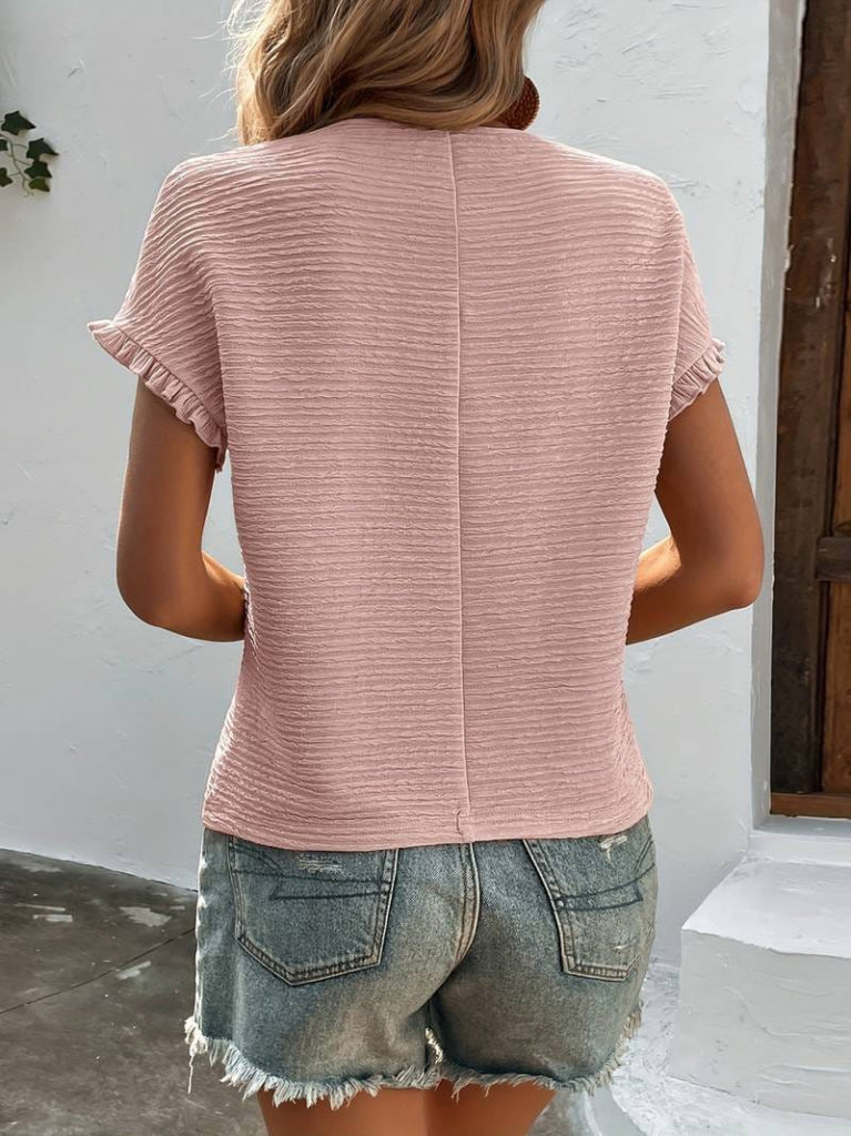 Kadın Kısa Kollu Fırfır Detay Bisiklet Yaka Bürümcük Bluz