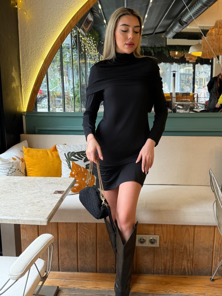 Kadın Uzun Kollu Balıkçı Yaka Omuz Katlamalı Dalgıç Kısa Elbise