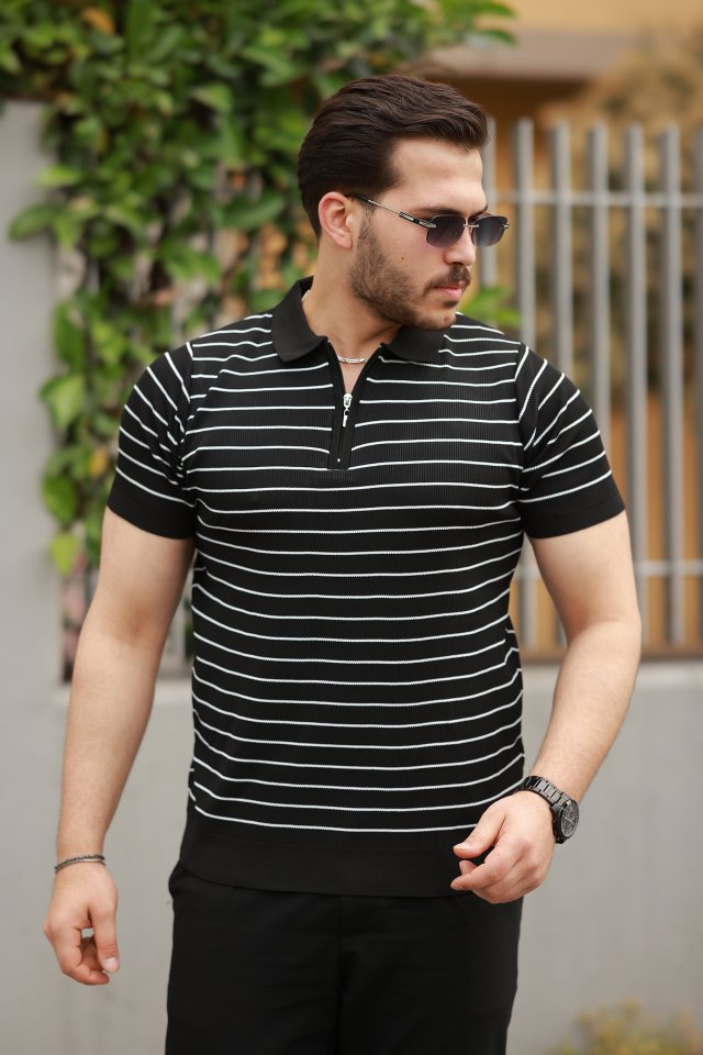 Erkek Fermuar Yakalı çizgili Kısa Kollu T-shirt