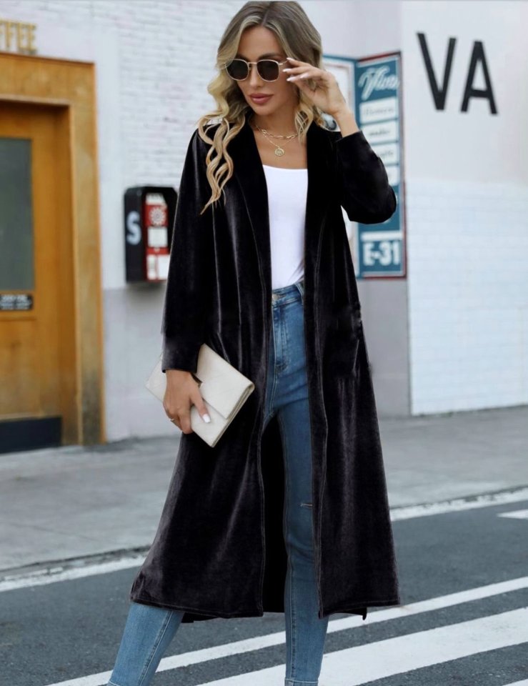 Kadın Uzun Kollu önü Açık Kolları Uzun Midi Ceket