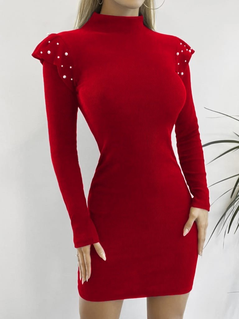 Kadın Kırmızı Uzun Kollu Balıkçı Yaka Omuzlarda Pile Inci Detay Kaşkorse Elbise