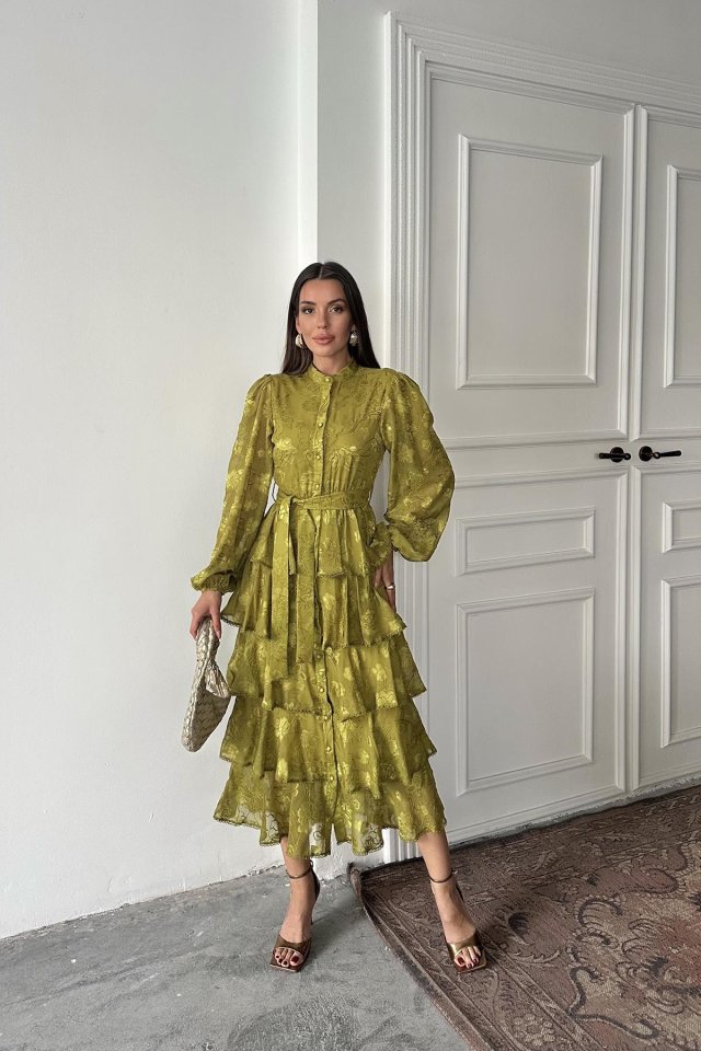 Yağ Yeşili Valonlu Şeritli Kat Kat Elbise