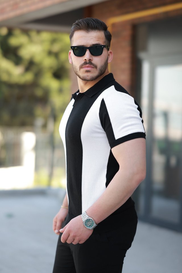 Erkek Kısa Kollu Polo Yakalı Blok Desenli Triko Bluz