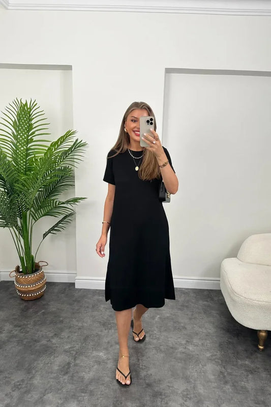 Kadın Viskon Kumaş Kısa Kollu çift Yırtmaç Detaylı Salaş Elbise