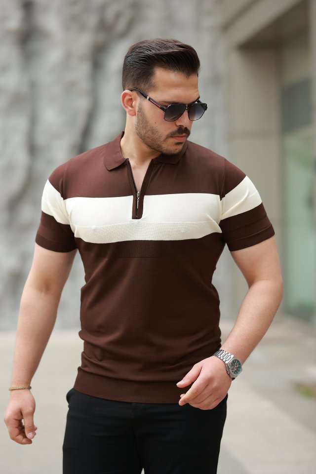 Erkek Fermuar Yakalı şerit Renk Desenli Kısa Kollu Tişört