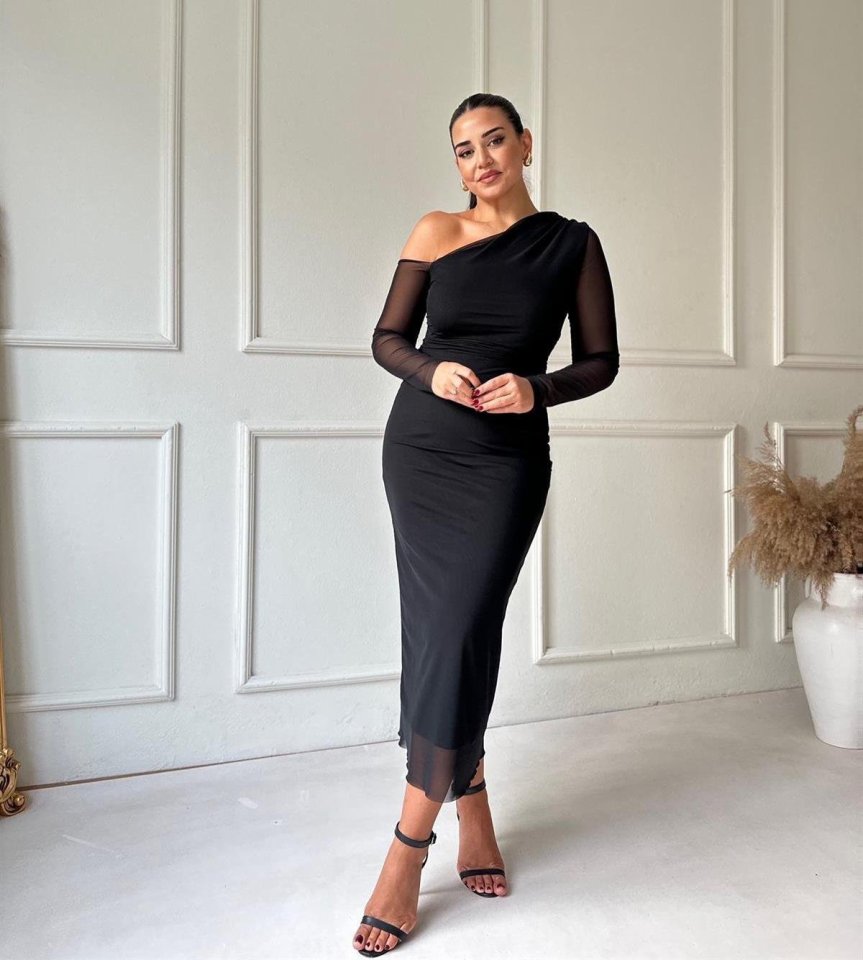 Kadın Uzun Kollu Omuz Dekolteli Içi Astarli Midi Boy Tül Elbise