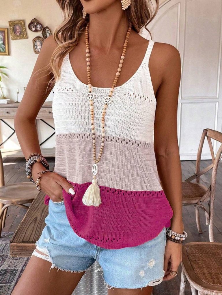 Kadın Askılı Yuvarlak Yaka çift Renkli Triko Bluz