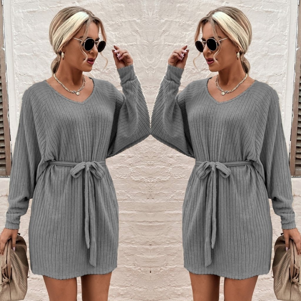 Kadın Uzun Kollu Fitilli şardonlu Detay Buklet Kuşaklı Yumoş Elbise