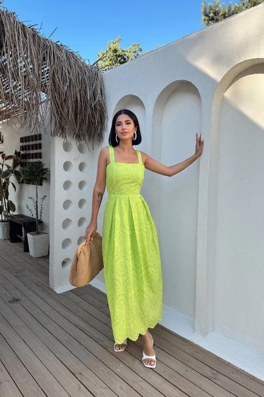 Yağ Yeşili Askılı Aparatlı Brode Elbise