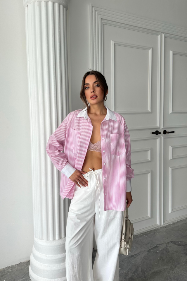 YAKA VE MANŞET BEYAZBOYFRİEND ÇİZGİLİPOPLİN GÖMLEK - Pembe