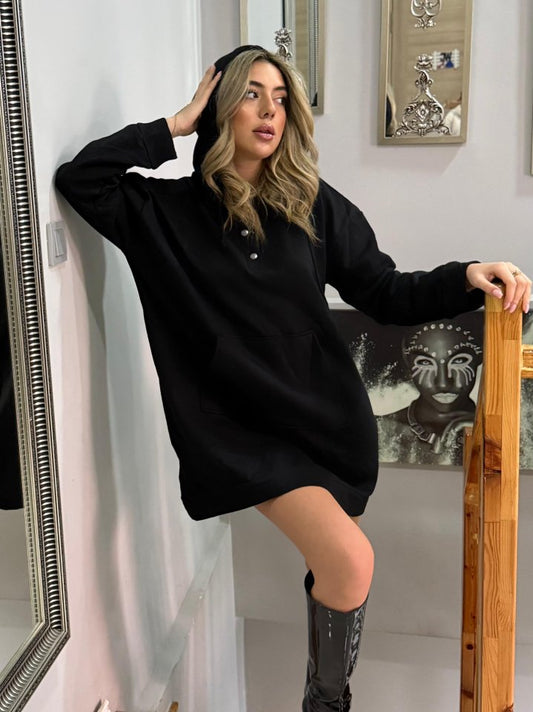 Kadın Uzun Kollu Kapşonlu Bağcıklı önden Düğmeli Ve Cepli Iki Iplik şardonlu Elbise