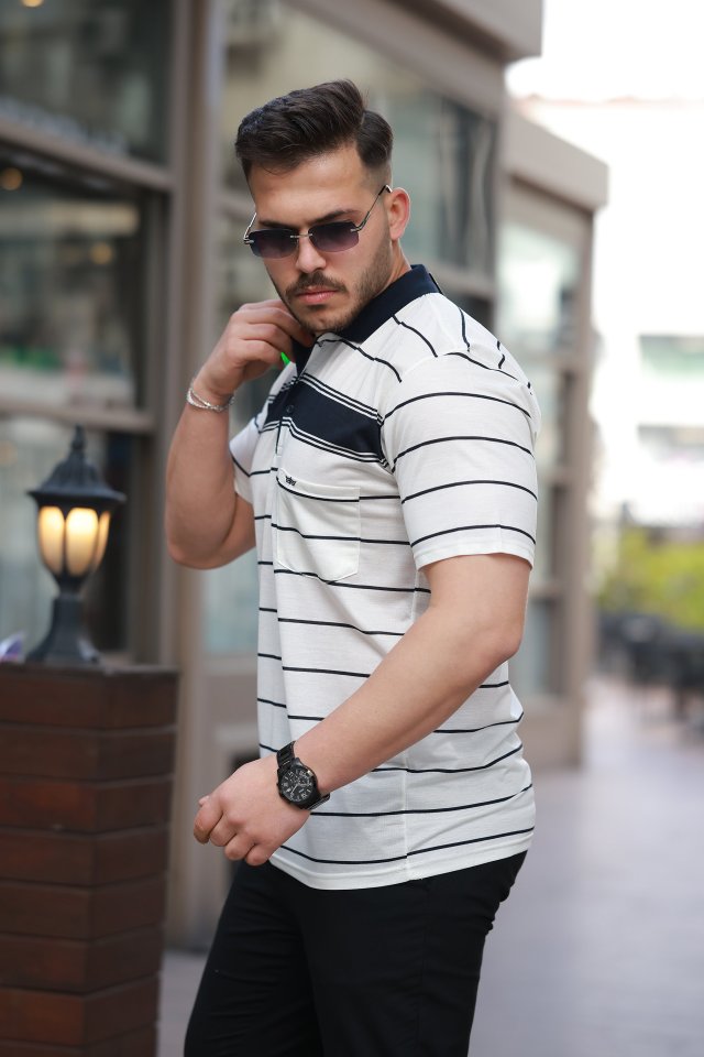 Erkek Yakalı çizgili Kısa Kollu T-shirt