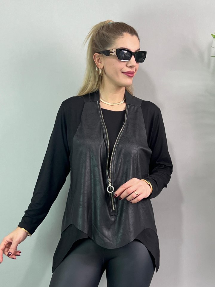 Kadın Uzun Kol Asimetrik Kesim Viskon Bluz Ve çatlak Deri Görünümlü Fermuar Detaylı Yelek Ikili Takım