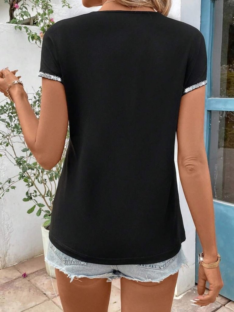 Kadın Kısa Kollu önden Fermuarlı Kol Ucu ışıltılı Viskon Bluz