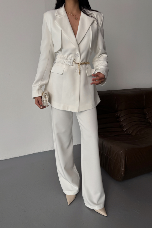 CEKET PANTOLON TAKIM TASARIM ZİNCİRKEMER DETAYLI - Beyaz