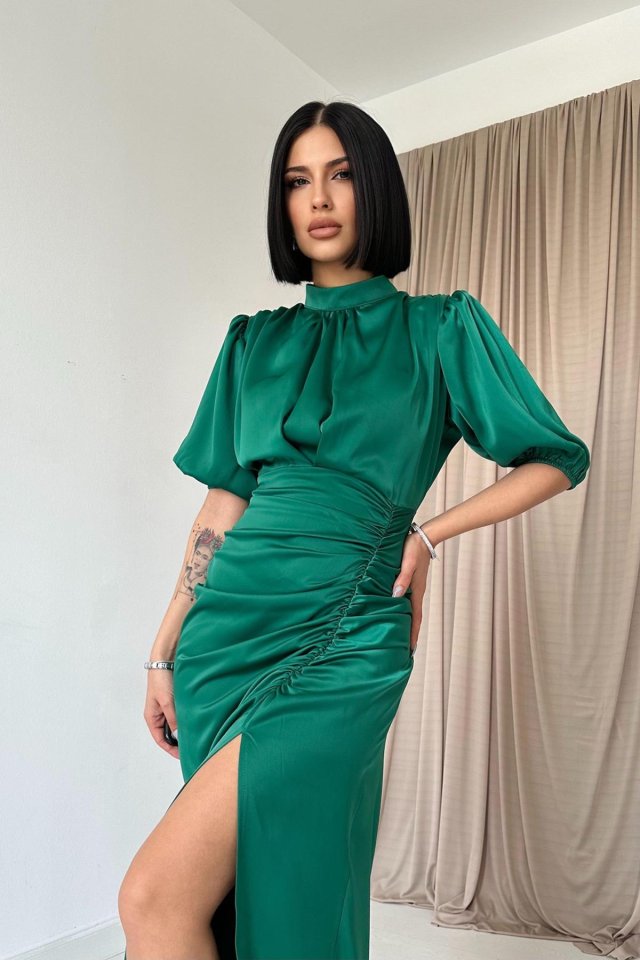 Petrol Büzgülü Saten Elbise