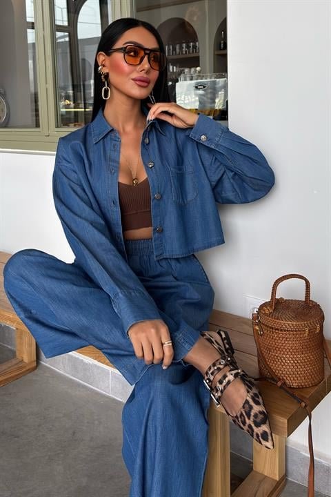 Denim Gömlek Plazzo Pantolon Takım 10163-08