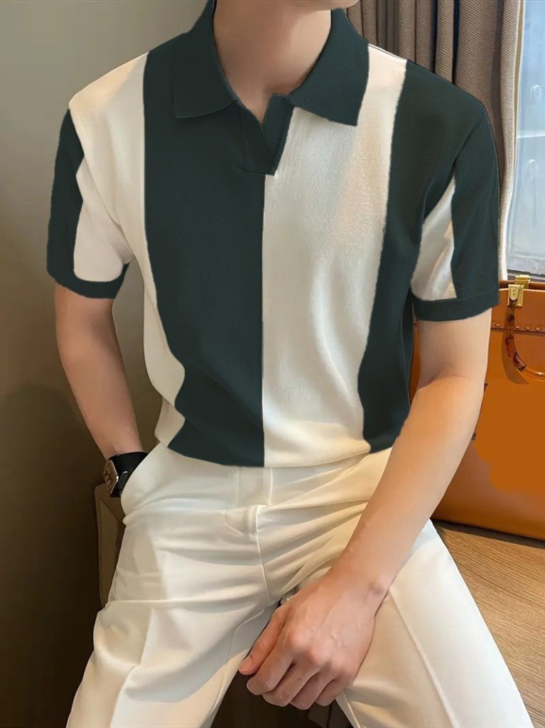 Erkek Kısa Kollu Polo Yakalı Blok Desenli Triko Bluz