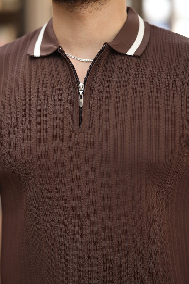 Erkek Yaka Ve Kolları çizgi Detaylı Fermuarlı Kısa Kollu T-shirt