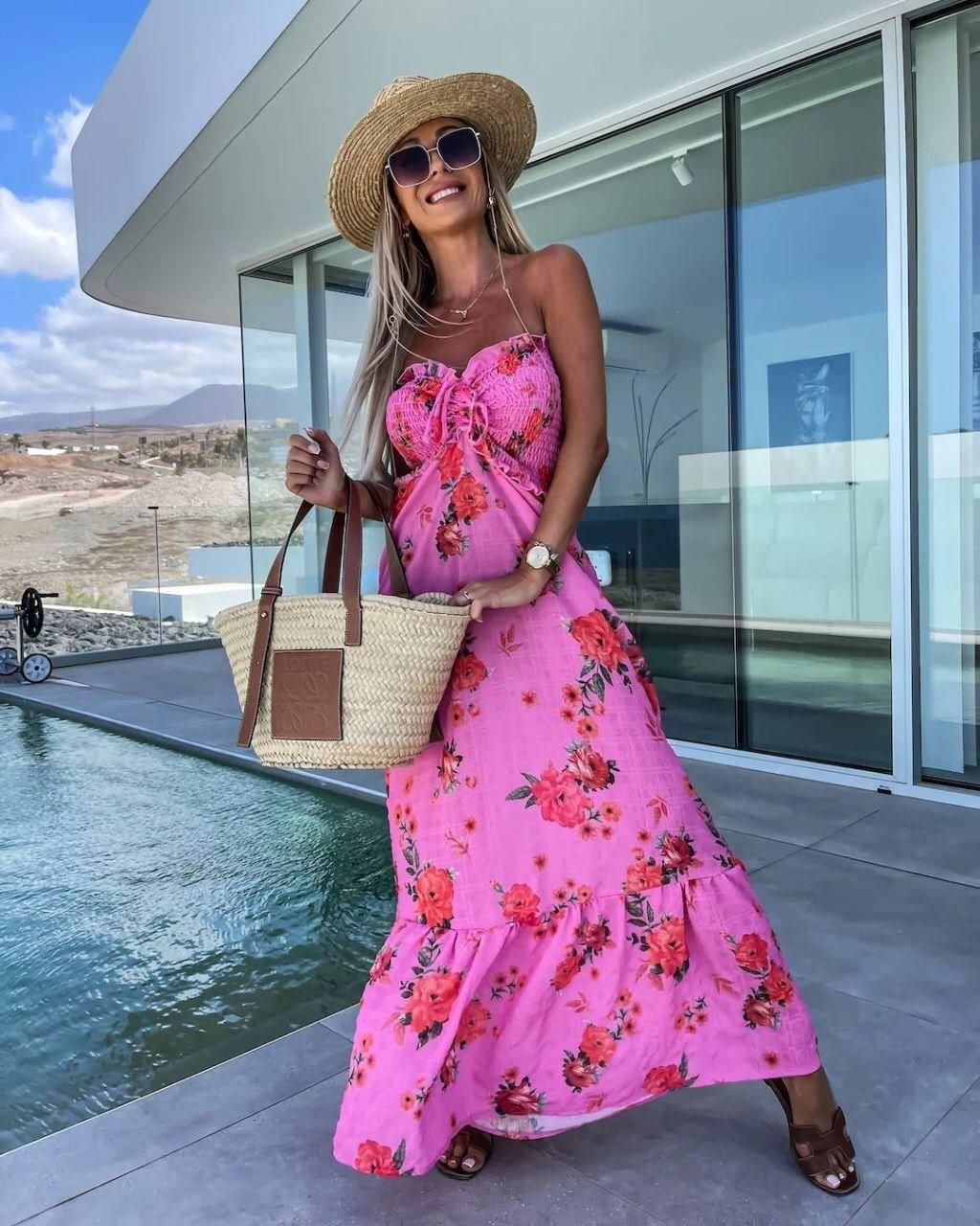 Kadın Krep Kumaş çiçek Desenli önünde Büzgü Detaylı Maxi Boy Elbise